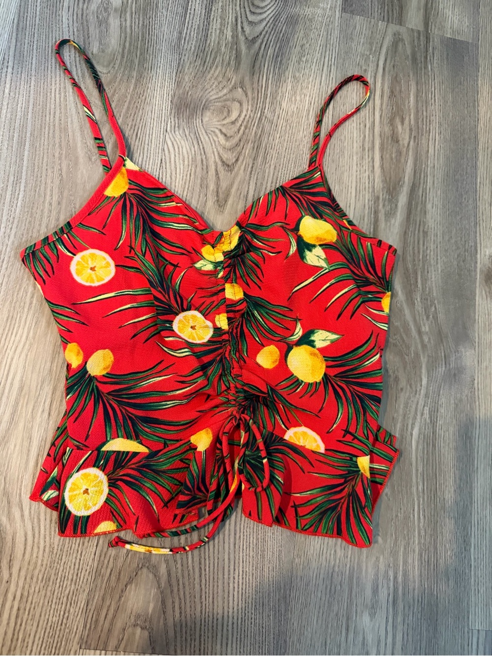 Red Lemon-Print Ruched Crop Cami Top